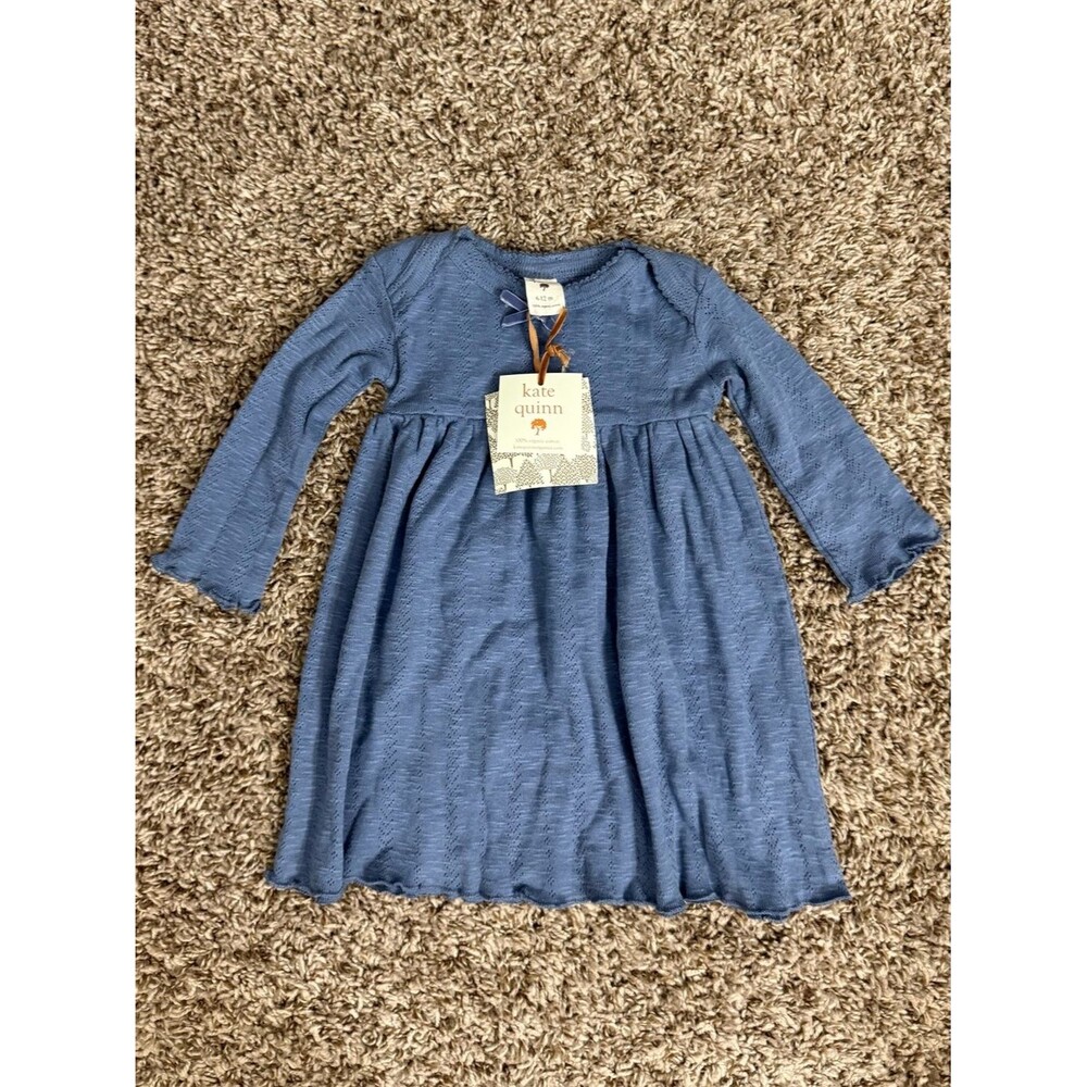 Kate Quinn Organic Cotton Long Sleeve Dress Baby Girl Size 6-12 Months Blue Bow